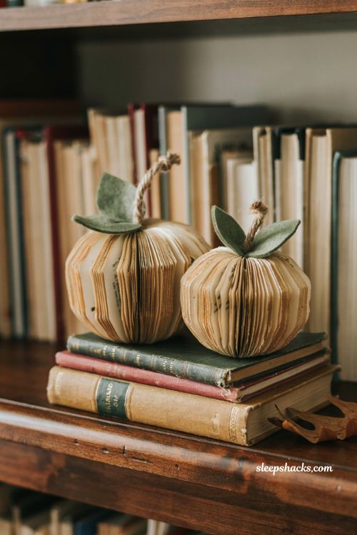 How to make book page pumpkins for rustic fall shelf decor