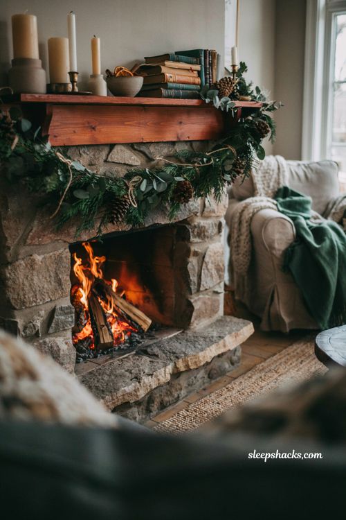Layer natural greenery instead of plastic trim hygge Christmas mantel decor ideas