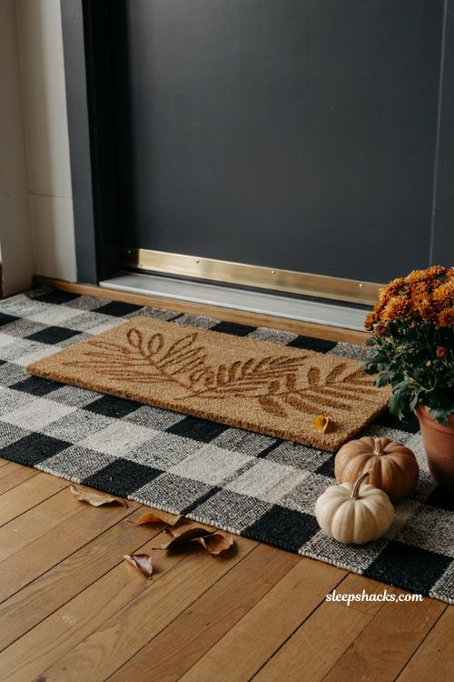 Layered front door rugs with buffalo check and outdoor coir mat for fall entryway decor