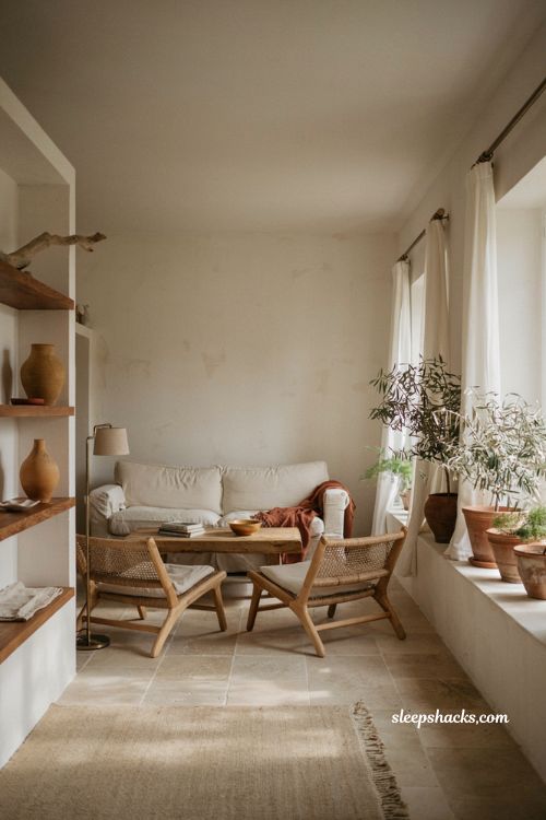 Mediterranean coastal living room with terracotta accents ochre ceramics and warm neutral decor