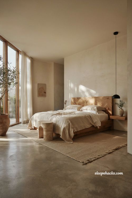 Mexican minimalist decor ideas with acacia wood platform bed and herringbone headboard