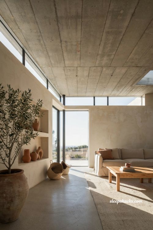 Mexican minimalist decor ideas with exposed cement ceiling and natural light