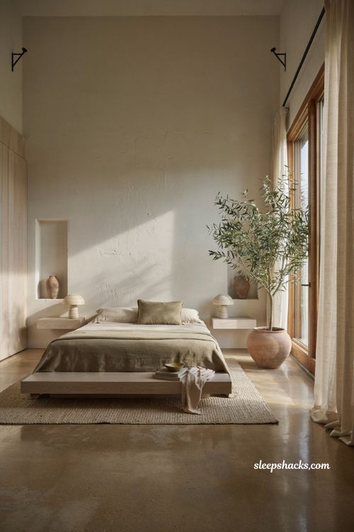 Mexican minimalist decor ideas with olive green linen bedding and oak platform bed