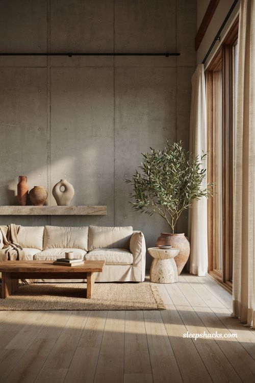 Mexican minimalist decor ideas with raw concrete walls and warm wood accents