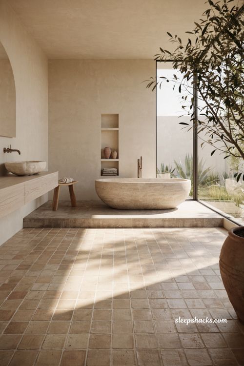Mexican minimalist decor ideas with recessed concrete bathtub and terracotta bathroom