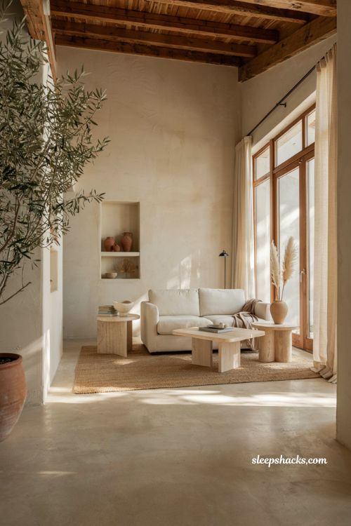 Mexican minimalist decor ideas with warm white plaster walls and natural materials