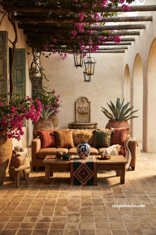 Mexican patio blueprint with embroidered cushions and colorful woven outdoor textiles