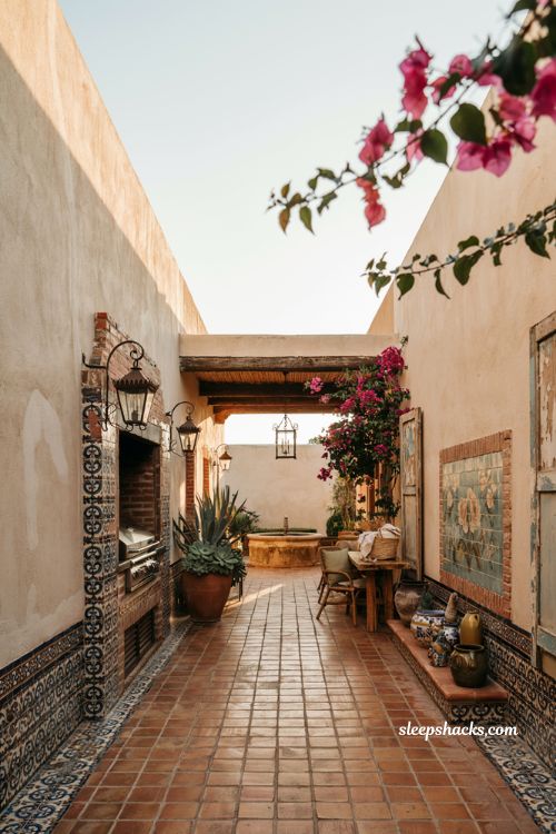 Mexican patio blueprint with hand painted Talavera tile accents and rustic courtyard decor