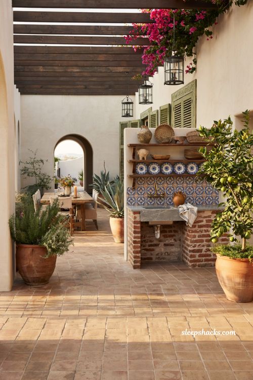 Mexican patio blueprint with outdoor kitchen and hand painted Talavera tile backsplash
