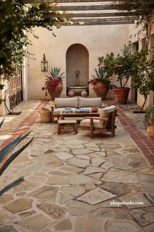 Mexican patio blueprint with rustic flagstone paving and terracotta border tiles