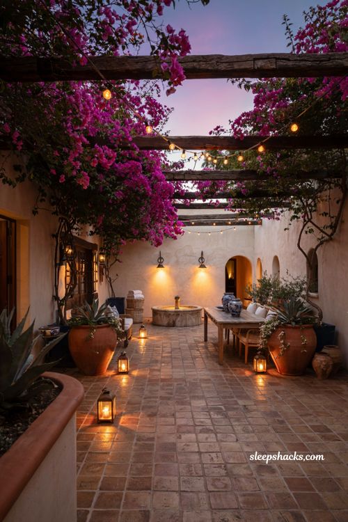 Mexican patio blueprint with solar lanterns and warm string lights for evening ambiance