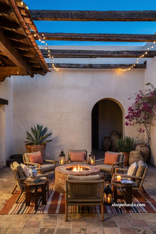 Mexican patio blueprint with terracotta fire pit and cozy hacienda seating area