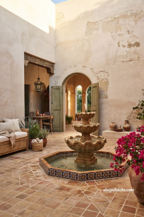 Mexican patio blueprint with tiered stone fountain and Talavera courtyard accents