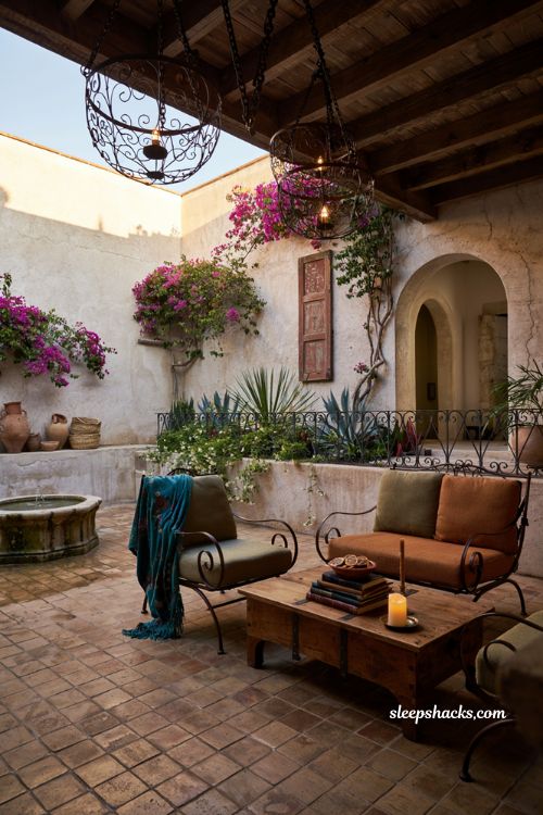 Mexican patio blueprint with wrought iron lanterns and rustic hacienda seating