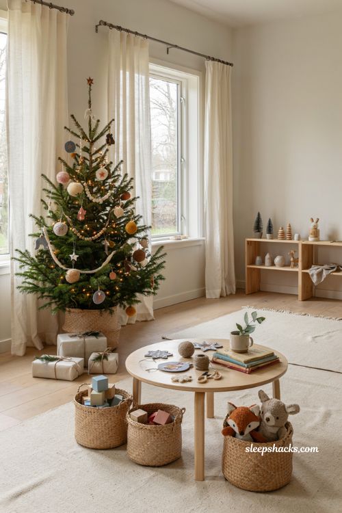 Mini Christmas tree ideas for kids playroom with colorful ornaments and cozy holiday decor