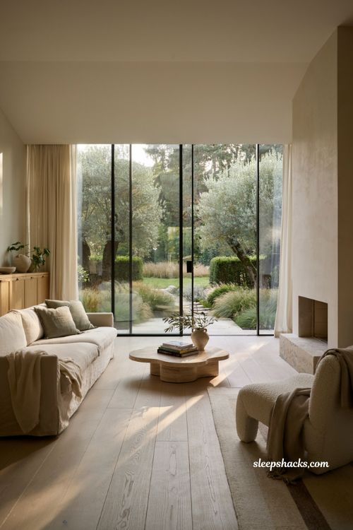 Modern house design ideas with floor to ceiling glass walls and warm open concept living room