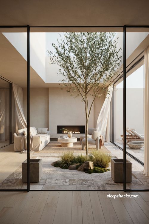 Modern house design ideas with indoor outdoor courtyard and open concept living space