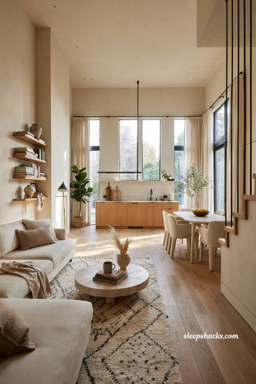 Modern house design ideas with open concept living room and warm minimalist interior