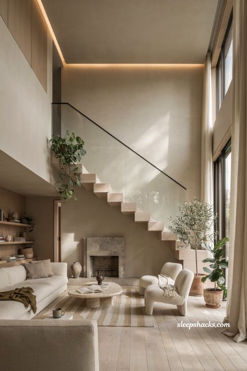 Modern house design ideas with sculptural floating staircase and warm minimalist interior