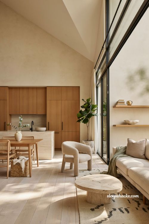 Modern house design ideas with warm wood ceiling beams and vaulted minimalist living room