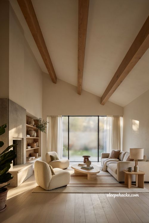Modern house design ideas with warm wood ceiling beams and vaulted minimalist living room