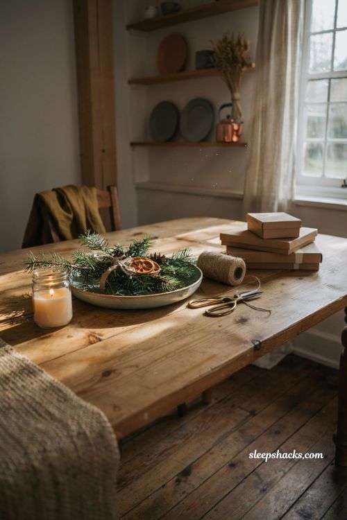 Natural diy christmas decor ideas with pine branches dried oranges and twine on a wooden table