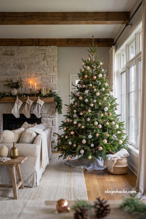 Neutral christmas tree with white and gold ornaments in a cozy living room