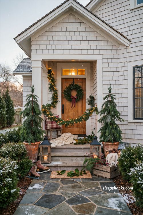 Outdoor christmas decorations ideas for a small front porch with cozy farmhouse holiday decor
