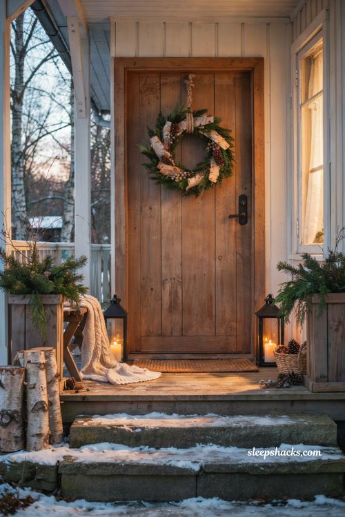 Outdoor christmas diy birch bark wreath with natural evergreen farmhouse porch decor