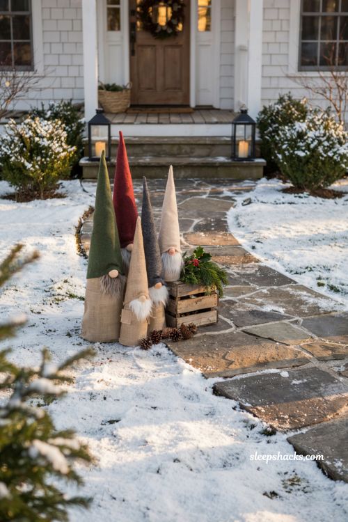 Outdoor christmas diy tomato cage gnomes decorating a cozy farmhouse front yard
