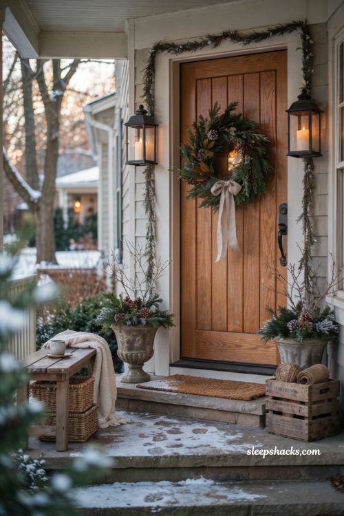Outdoor christmas front door with cascading evergreen swag and cozy farmhouse holiday decor