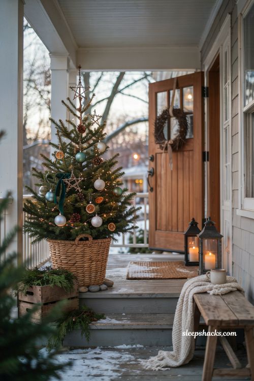 Outdoor christmas mini tree in wicker basket with rustic farmhouse porch decor