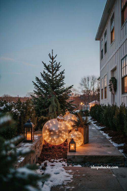 Outdoor christmas oversized glowing ornaments decorating a cozy farmhouse front yard
