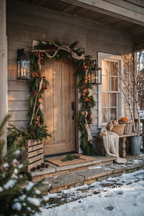 Outdoor christmas porch with layered twig garland and evergreen farmhouse holiday decor