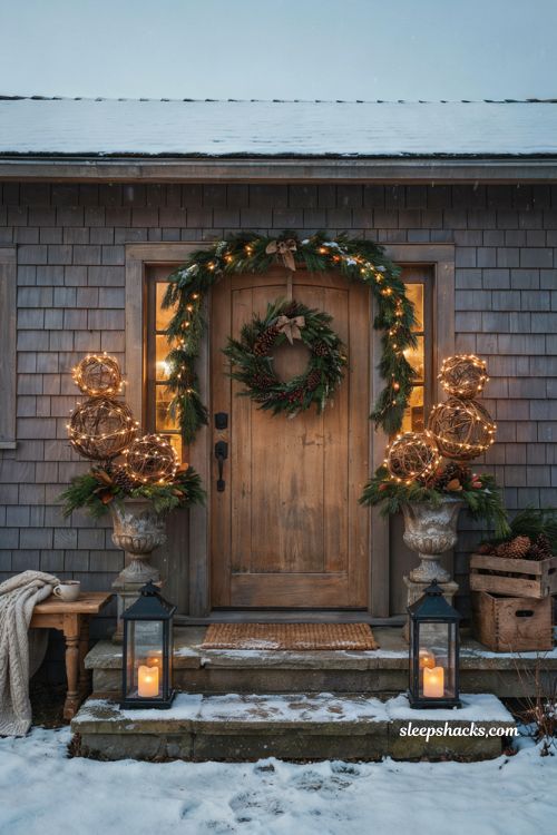 Outdoor christmas urns with glowing grapevine lighted orbs and elegant farmhouse porch decor