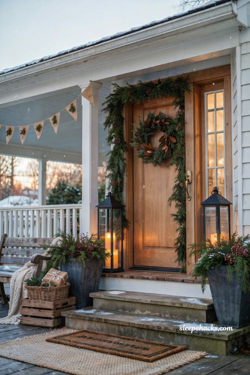 Outdoor christmas vintage sled filled with greenery candles and rustic farmhouse holiday decor