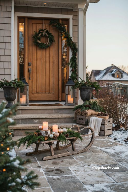 Outdoor christmas vintage sled filled with greenery candles and rustic farmhouse holiday decor