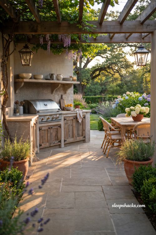 Outdoor landscaping ideas with built in grill outdoor kitchen and modern farmhouse backyard dining