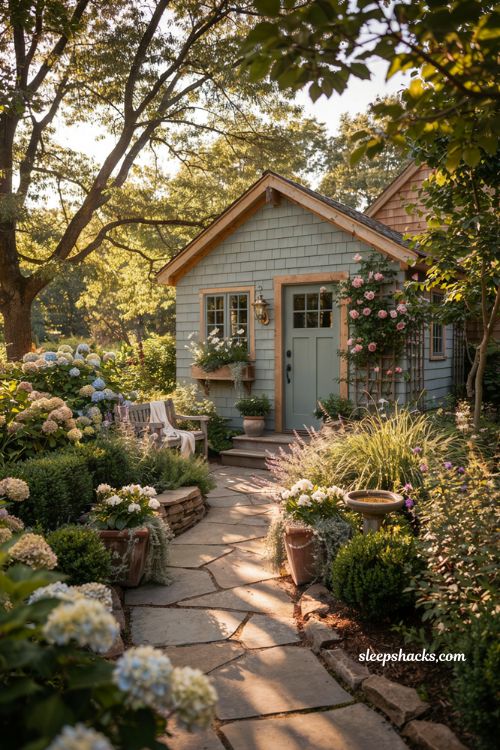 Outdoor landscaping ideas with charming garden shed and cozy modern cottage backyard retreat