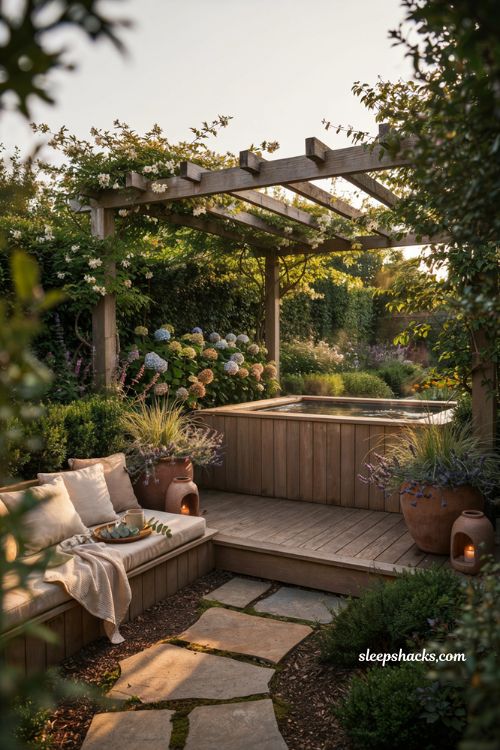 Outdoor landscaping ideas with cozy hot tub nook and pergola modern cottage backyard