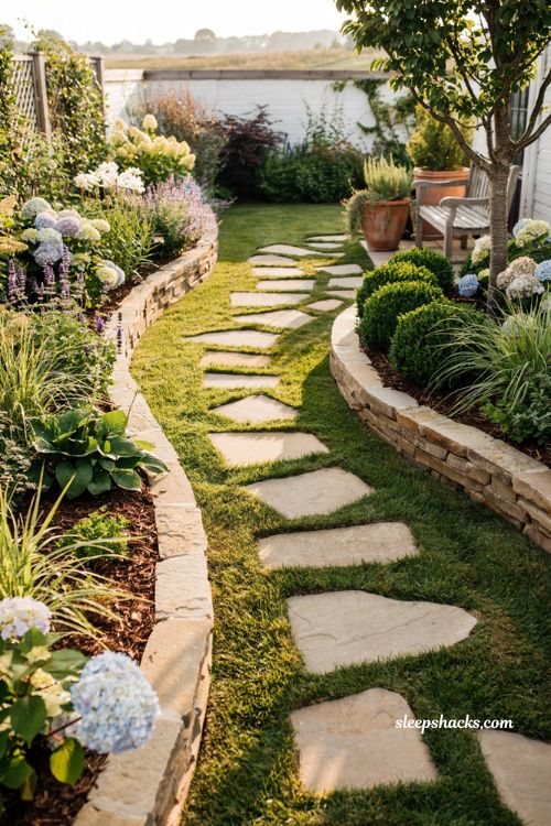 Outdoor landscaping ideas with fresh mulch garden beds and modern cottage backyard design