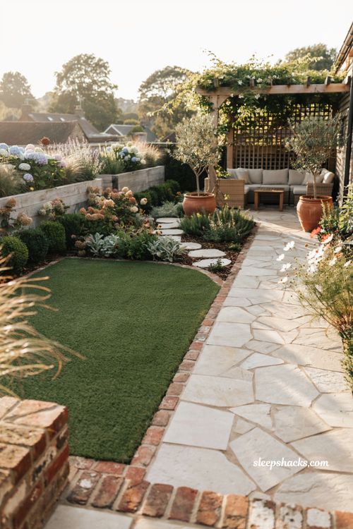 Outdoor landscaping ideas with kid friendly turf zone and modern cottage backyard design
