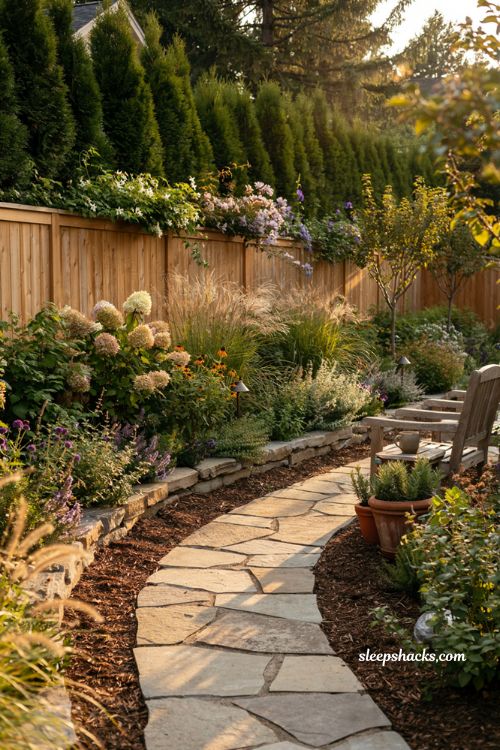 Outdoor landscaping ideas with layered privacy plants and modern cottage backyard garden