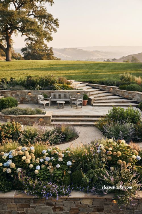 Outdoor landscaping ideas with small backyard water feature and modern cottage garden patio