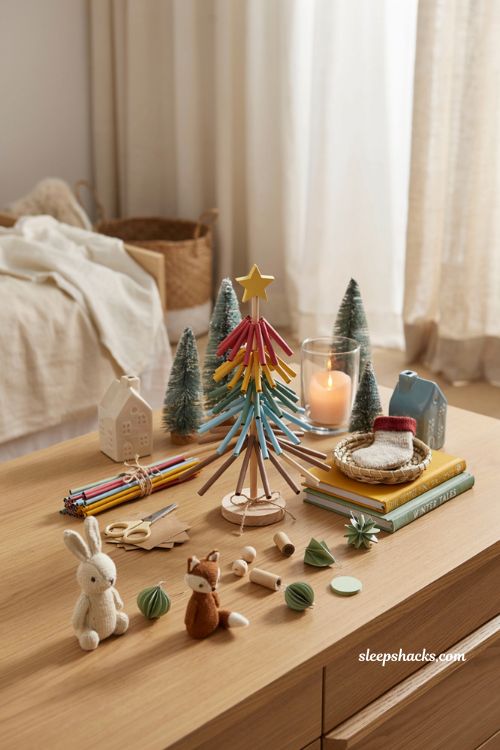 Paper straw tabletop Christmas tree craft for kids with colorful handmade holiday decor ideas