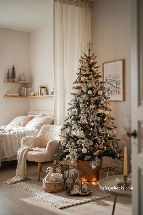 Paris inspired Christmas tree with Eiffel Tower ornaments for girls bedroom holiday decor