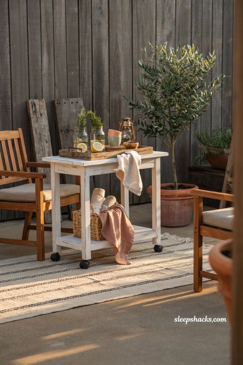 Patio decorating ideas on a budget with diy repurposed outdoor bar cart and cozy patio styling