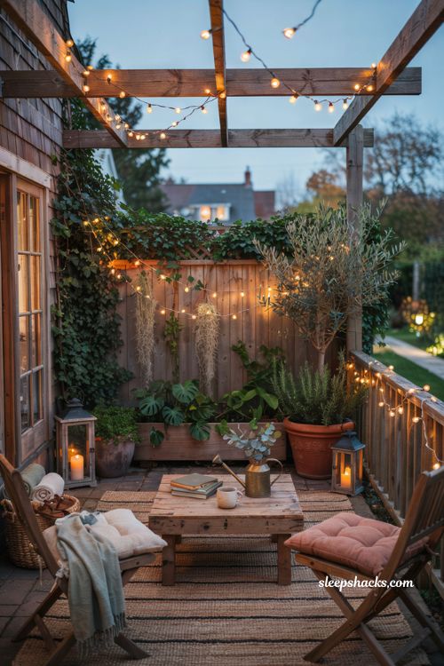 Patio decorating ideas on a budget with layered string lights and cozy outdoor ambiance
