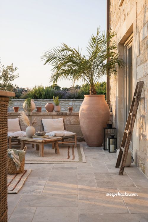 Patio decorating ideas on a budget with oversized statement planter and cozy outdoor seating
