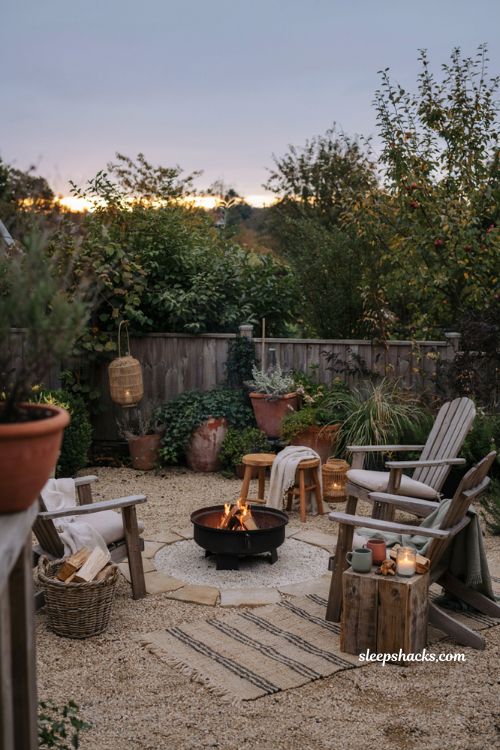 Patio decorating ideas on a budget with portable fire pit and cozy outdoor seating